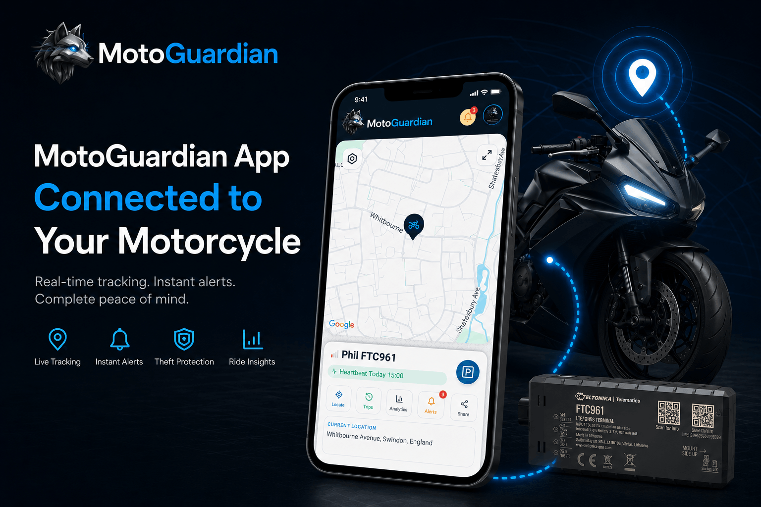 MotoGuardian app showing live tracking
